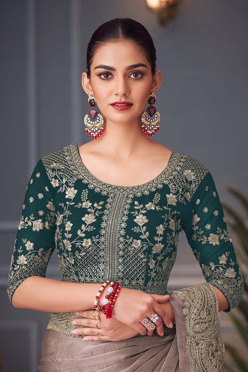 Grey Embroidered Double Tone Silk Blend Designer Saree