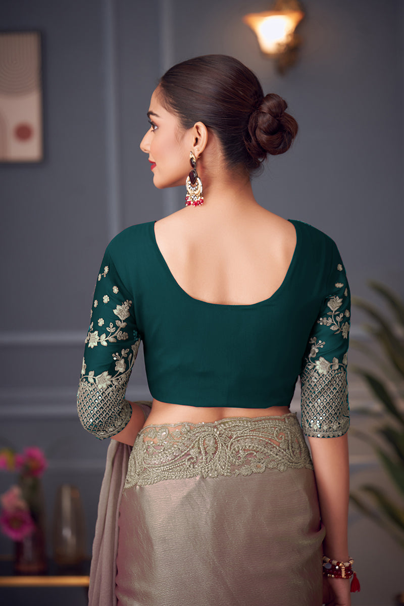 Grey Embroidered Double Tone Silk Blend Designer Saree