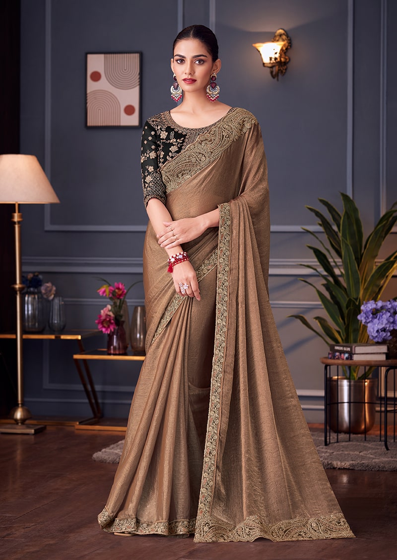 Light brown embroidered double tone silk blend wedding saree