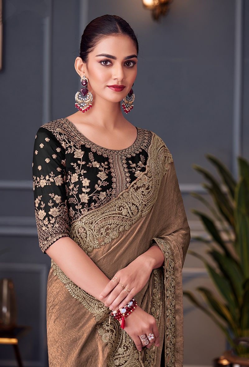 Light Brown Embroidered Double Tone Silk Blend Designer Saree