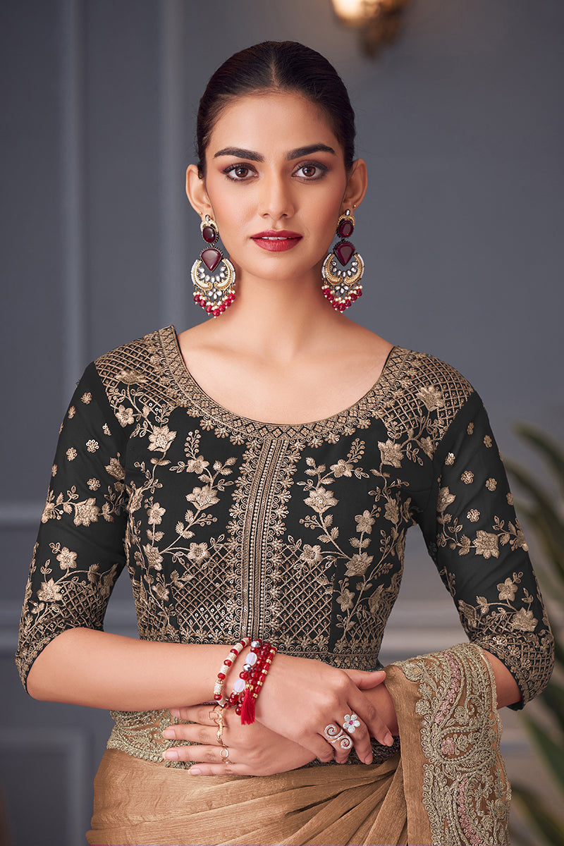 Light Brown Embroidered Double Tone Silk Blend Designer Saree
