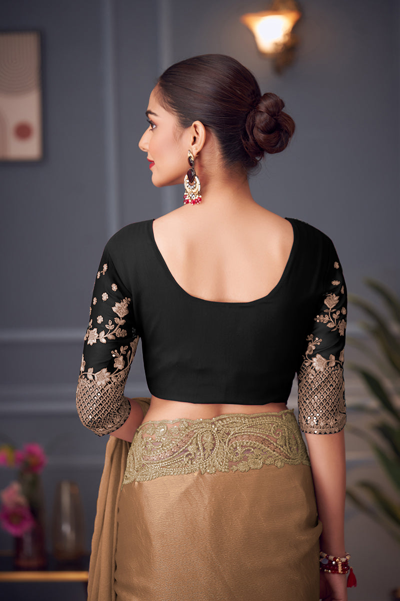 Light Brown Embroidered Double Tone Silk Blend Designer Saree