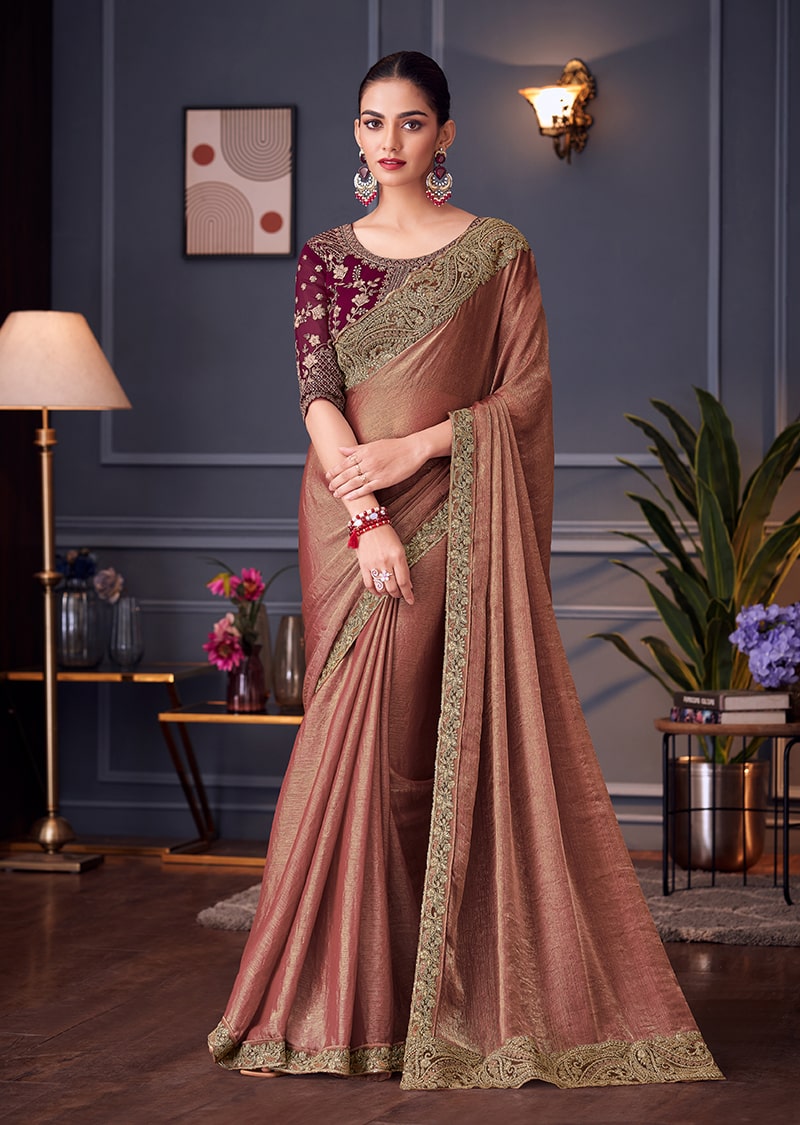 Dark peach double tone silk blend wedding saree with intricate embroidery