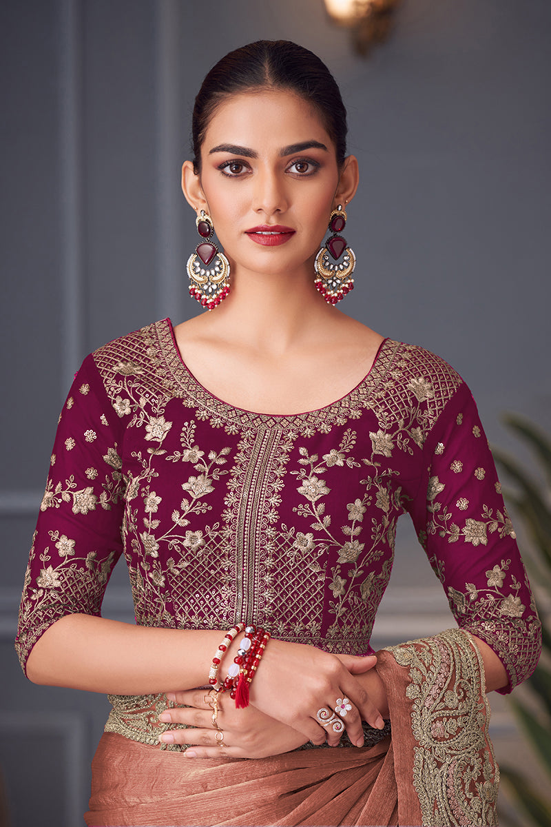 Dark Peach Double Tone Silk Blend Embroidered Wedding Saree