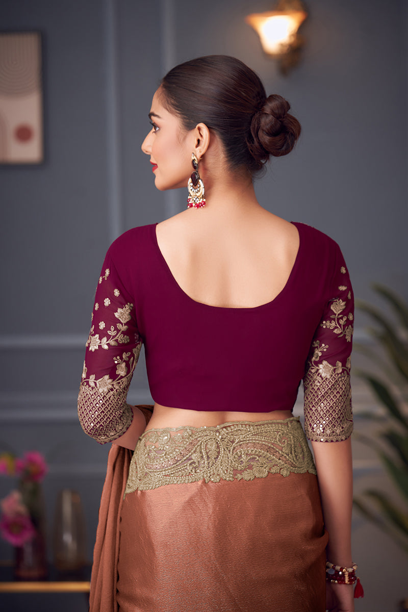 Dark Peach Double Tone Silk Blend Embroidered Wedding Saree