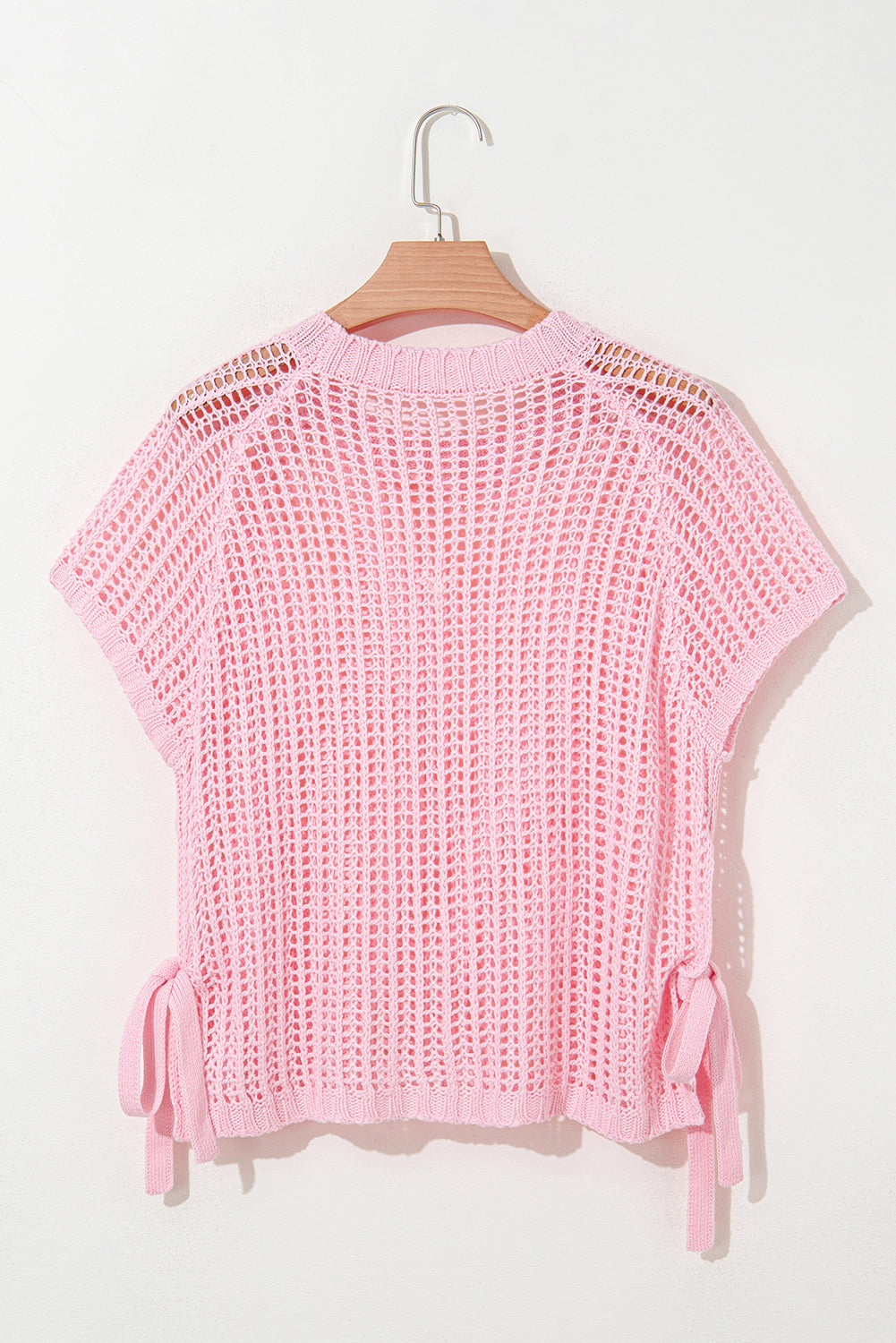 Yellow Hollow-out Crochet Short Sleeve Sweater with Side Ties
