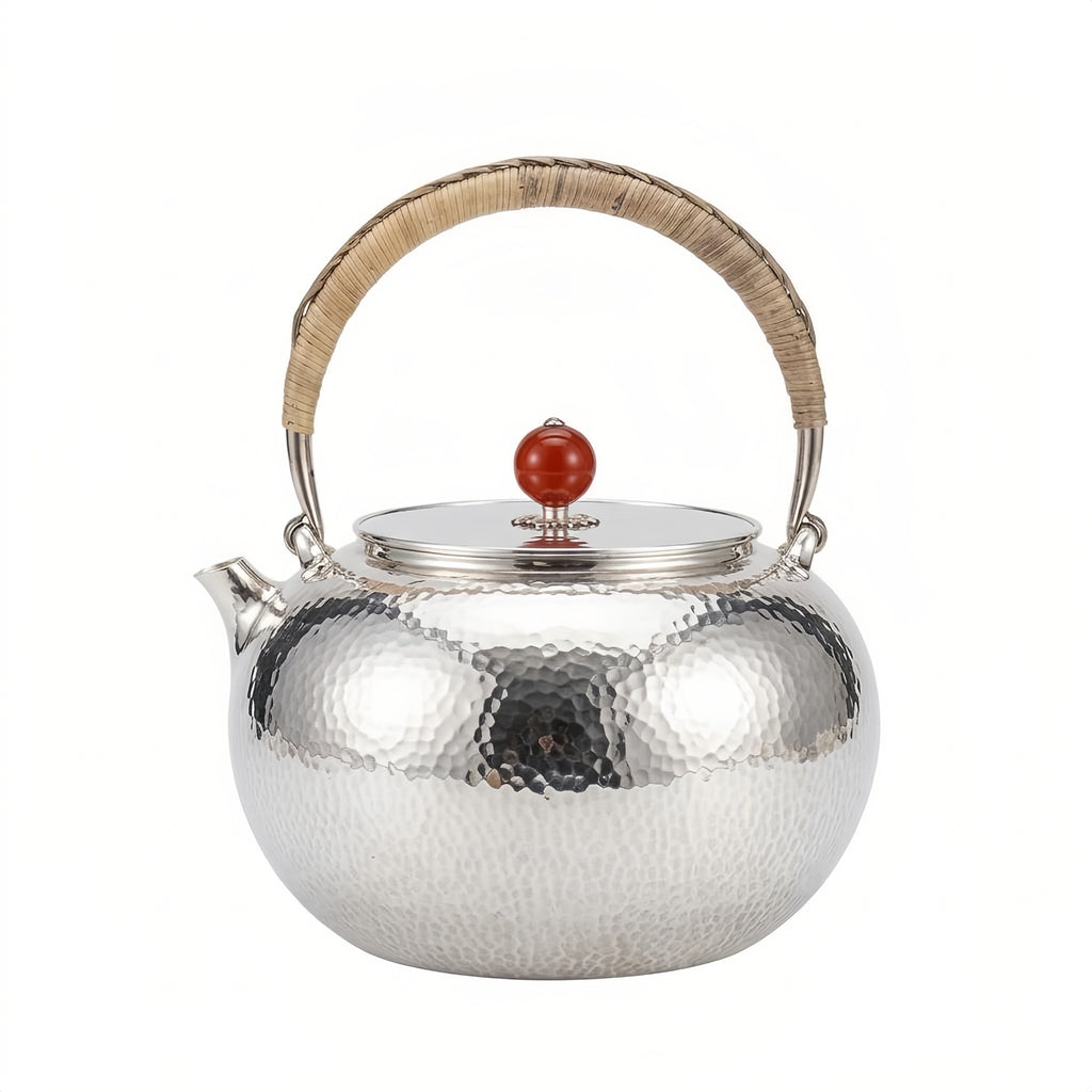 925 Sterling Silver Handcrafted Hammered Silver Teapot with Rattan Handle and Red Agate Finial - Handicraft