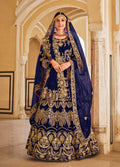 Navy blue velvet lehenga choli with intricate embroidery for wedding wear