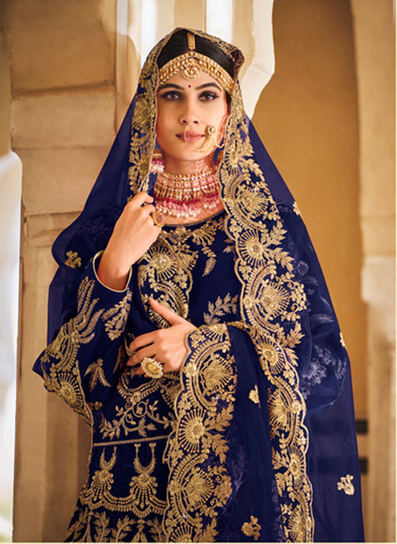 Navy Blue Velvet Embroidered Wedding Lehenga Choli Set