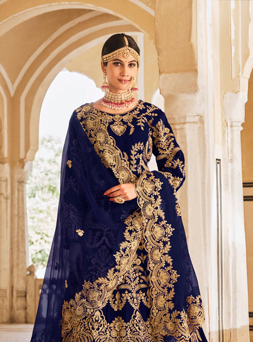 Navy Blue Velvet Embroidered Wedding Lehenga Choli Set