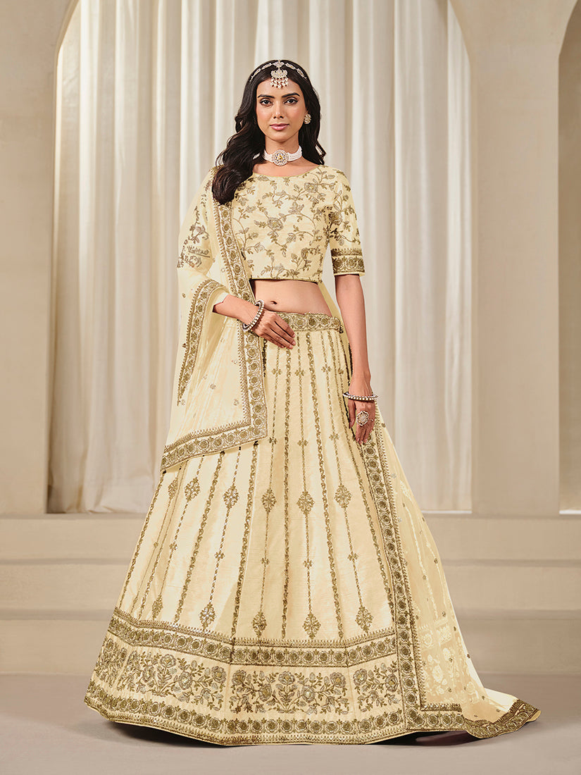 Monjolika Fashion Embroidered Cream Reception Art Silk A Line Lehenga Choli