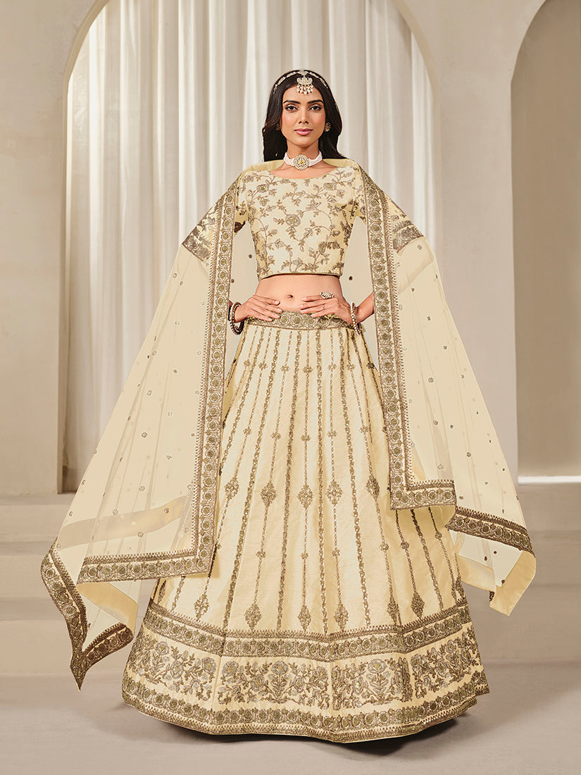 Monjolika Fashion Embroidered Cream Reception Art Silk A Line Lehenga Choli
