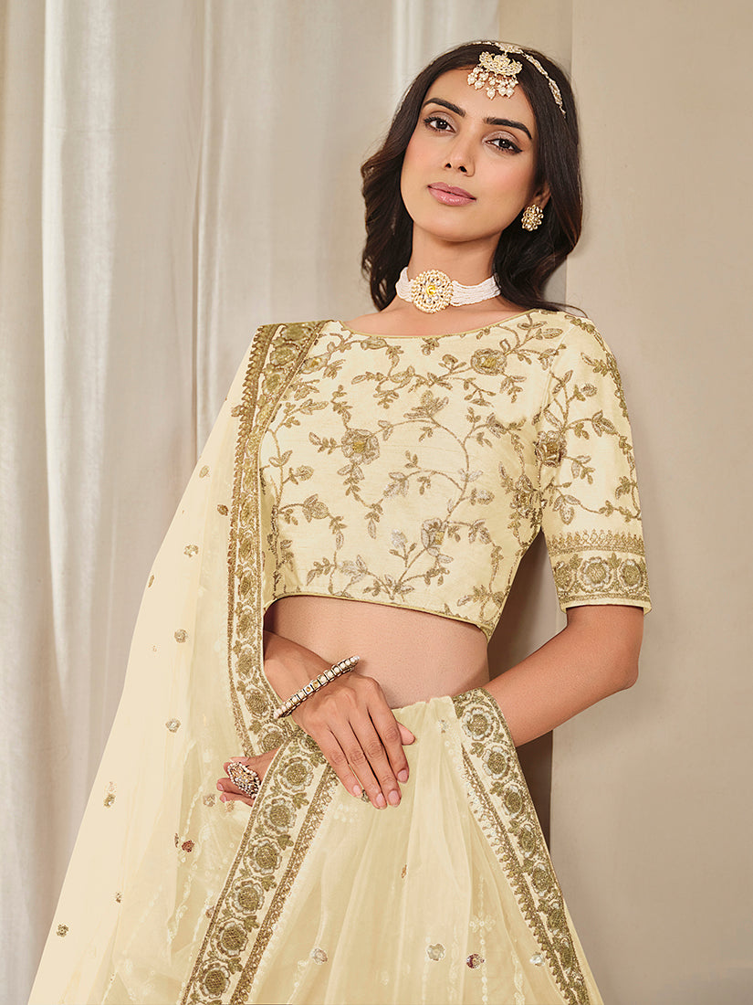 Monjolika Fashion Embroidered Cream Reception Art Silk A Line Lehenga Choli