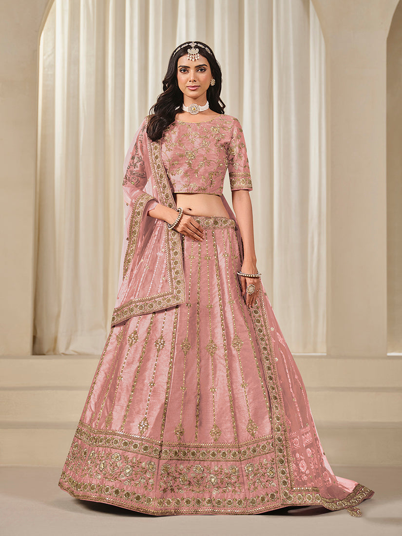 Embroidered Pink A-Line Lehenga Choli for Wedding Reception