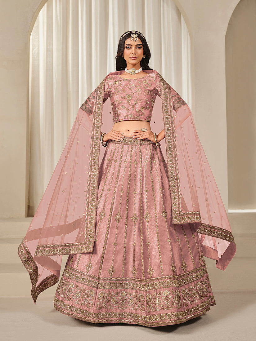 Elegant pink A-line lehenga choli with detailed embroidery in art silk fabric