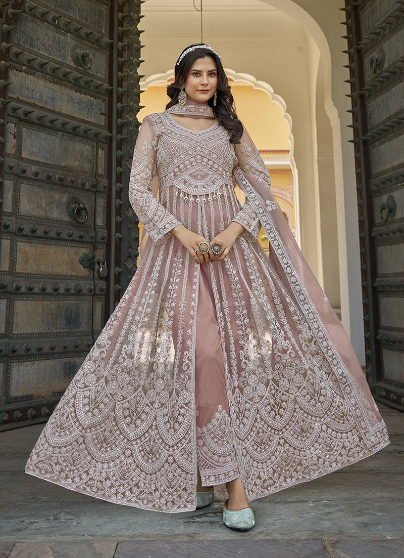 Dusty net designer salwar suit with intricate stone work and embroidery