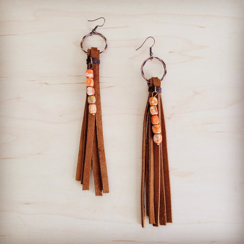 Leather Fringe Earrings with Regalite Orange Beads 100k