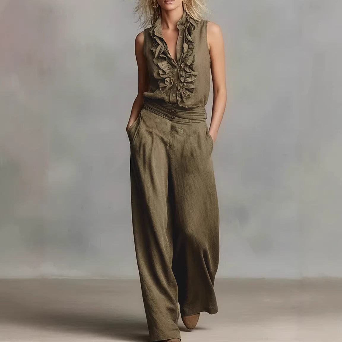 Women’s Ruffled Linen Blend Two-Piece Set Sleeveless Wide-Leg - Image 2