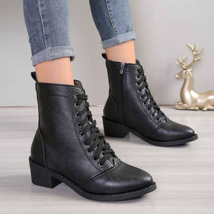 Women's British Style Black High-Top Zipper Fashion Boots