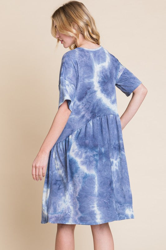 Women's Tie-Dye V-Neck Half Sleeve Dress - Casual Bohemian Style