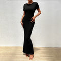 Women's Solid Color Round Neck Short Sleeve Slim Maxi Dress - Image 14