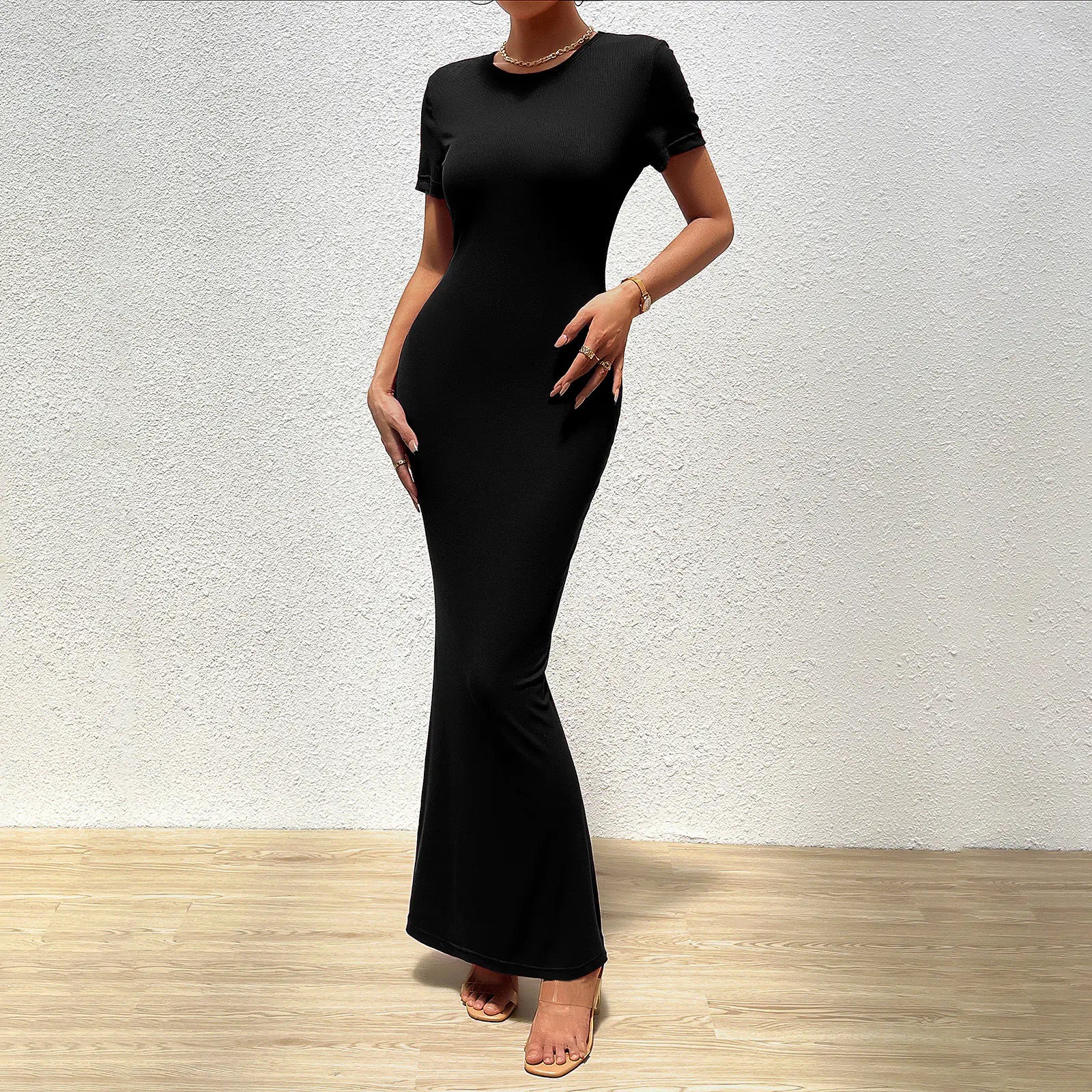 Women's Solid Color Round Neck Short Sleeve Slim Maxi Dress - Image 14