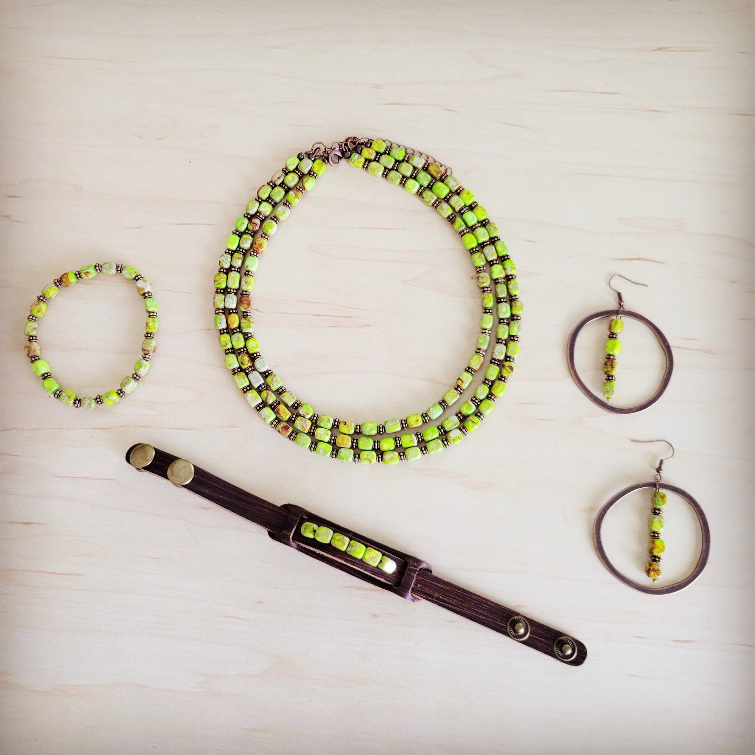 Genuine Leather Narrow Cuff wth Lime Green Regalite Chunks 007a