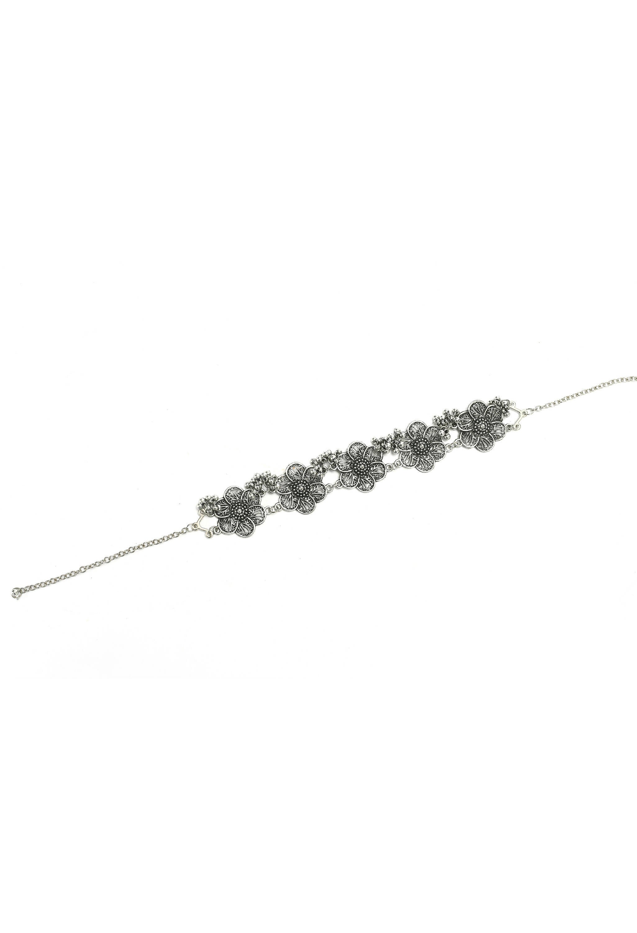 Silver-Plated Floral Design Oxidised Brass Choker Necklace