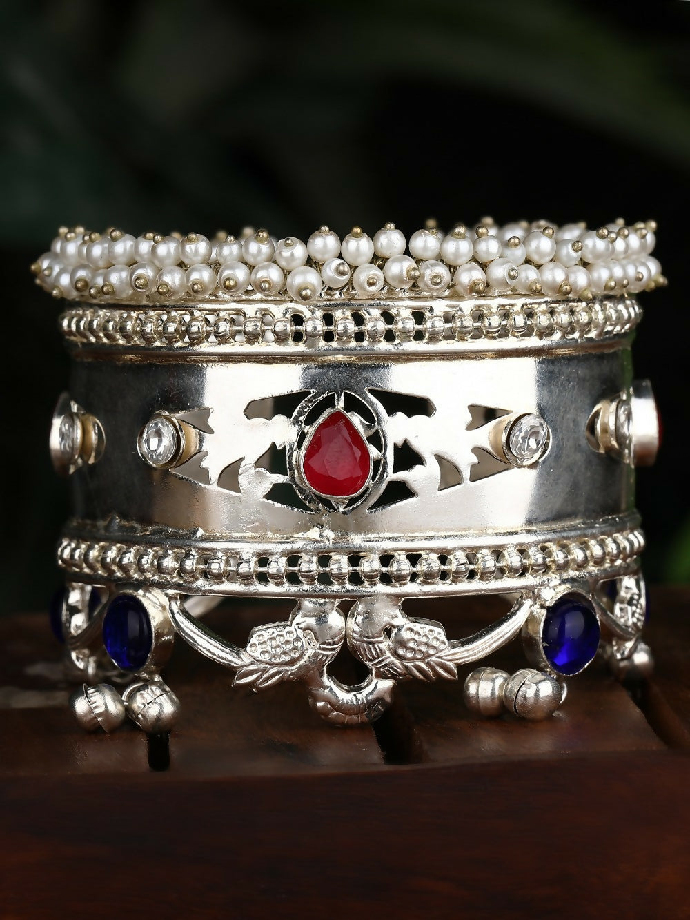 Multicolor Stone Silver Tone Bangle for Women, Intricate Patterns