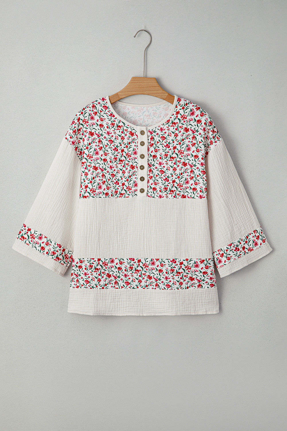 Floral Gauze Patchwork 3/4 Sleeve Blouse