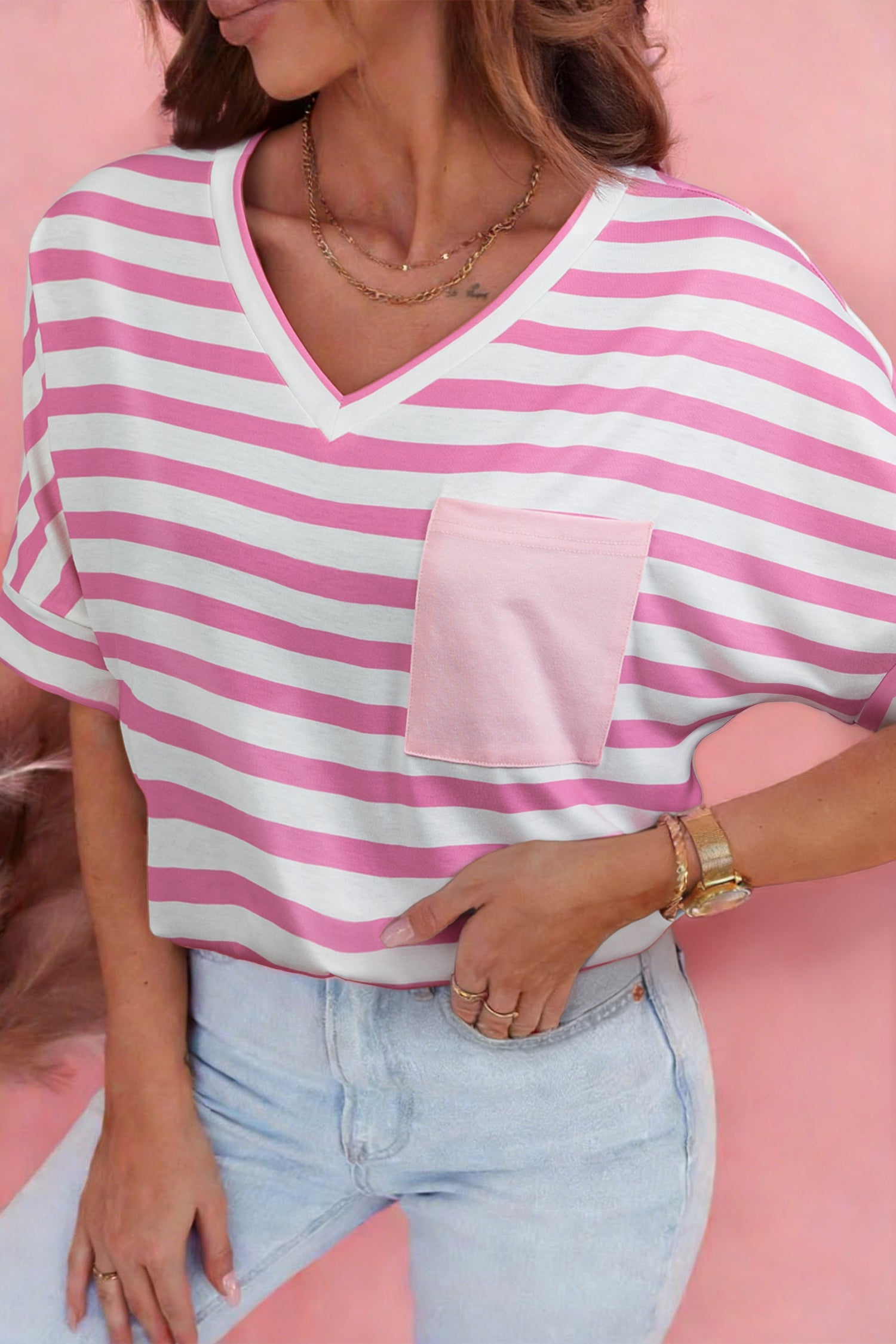 Sky Blue Stripe V Neck Patched Pocket Casual T Shirt