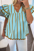 Sky Blue Stripe Ricrac Trim Double Ruffled Short Sleeve V Neck Blouse