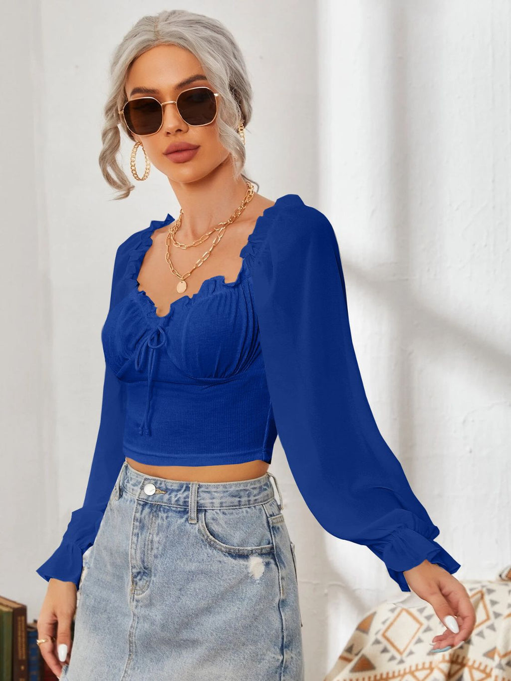 Mesh Sweetheart Neck Flounce Sleeve Top with Ruffled Detail - Image 11