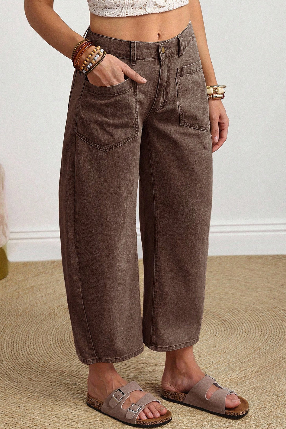 Rhea Mid-Rise Barrel Jeans in Brown - Relaxed Ankle Length Denim