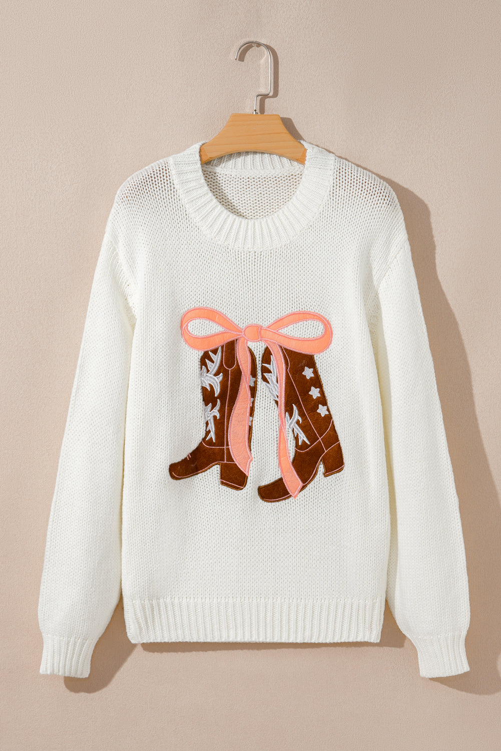 Women's Embroidered Bow Boots Knit Sweater, Relaxed Crew Neck Top