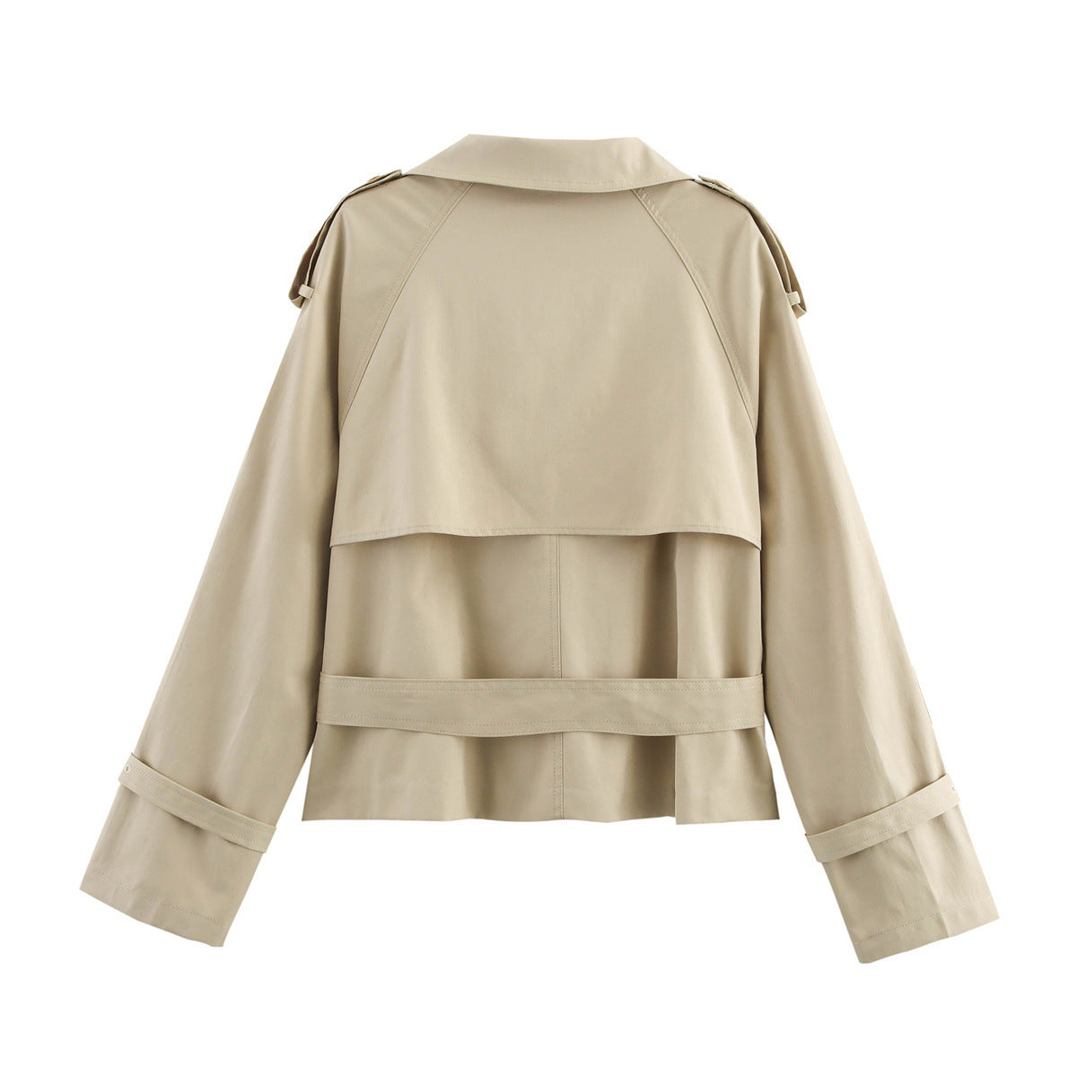 Women's Short Trench Coat with Notch Collar and Belt Buckle - Image 3