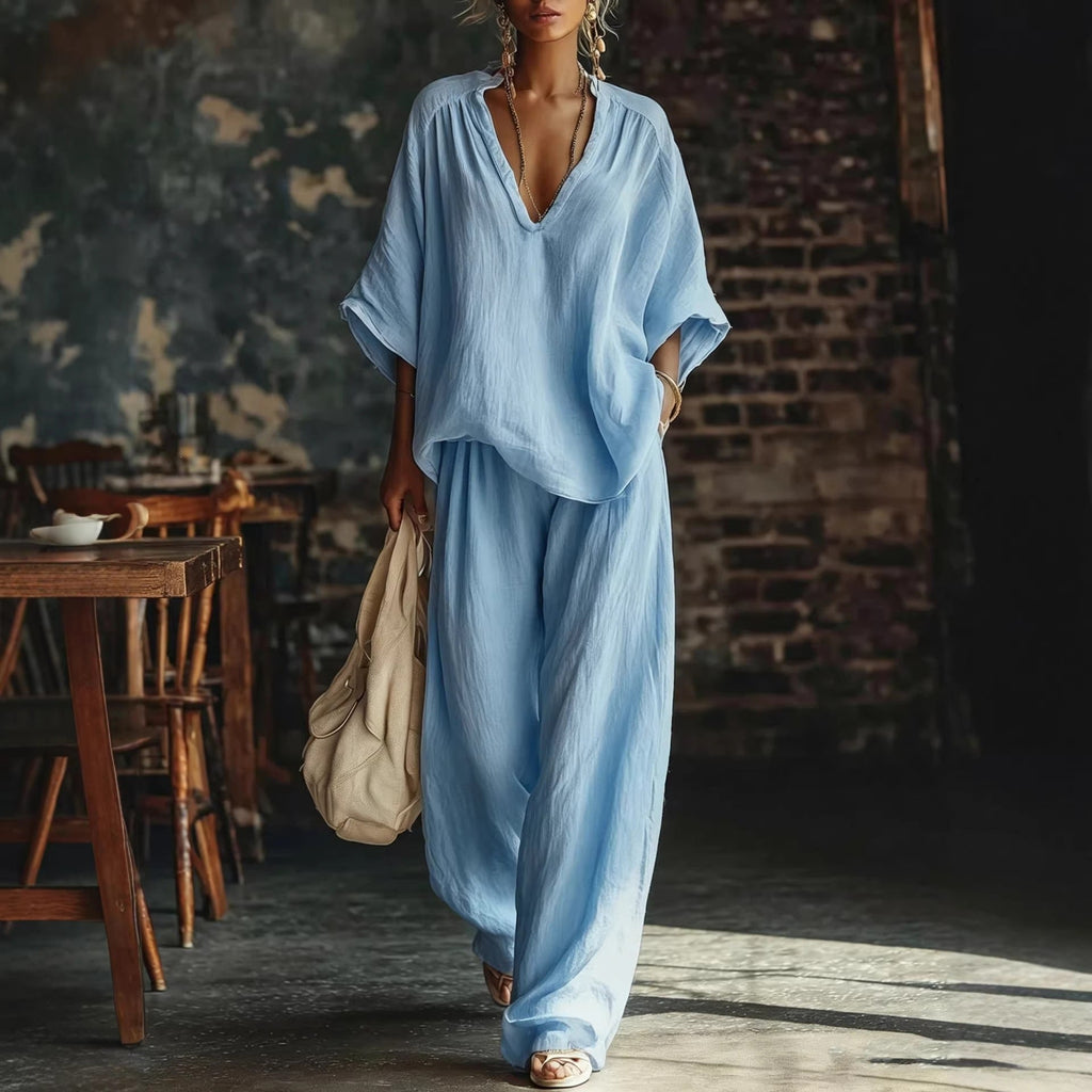 V-Neck Short Sleeve Top and Wide Leg Pants Two-Piece Set - Image 5