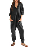 Women’s V-Neck Long Sleeve Solid Color Jumpsuit with Pockets