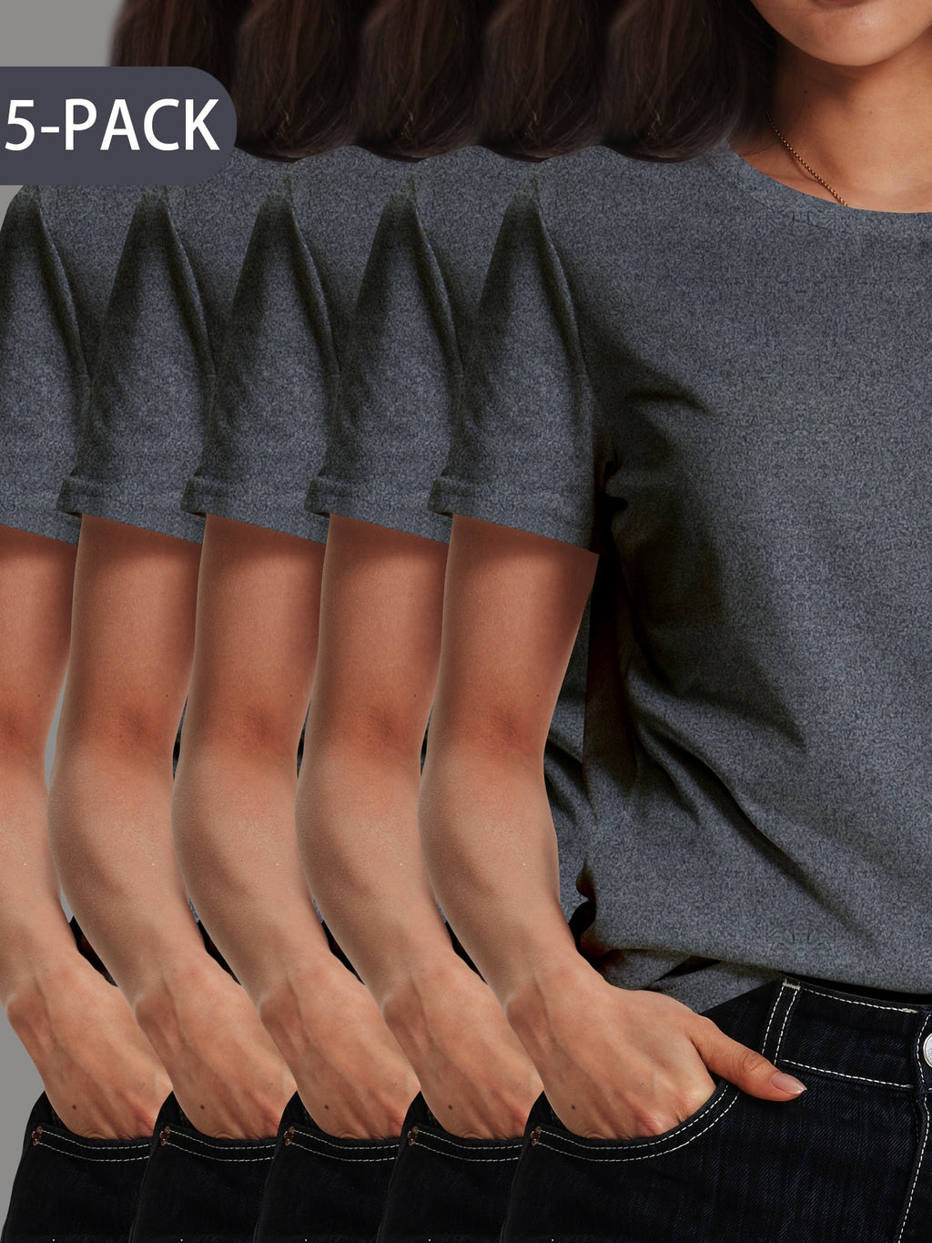 Womens 5 Pack Soft Stretch Casual Round Neck T-Shirts - Image 5