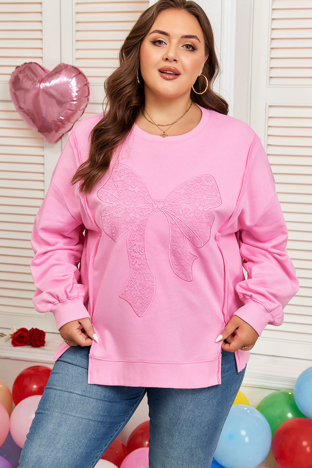 Plus Size Bow Tie Lace Embroidered Dolman Sweatshirt