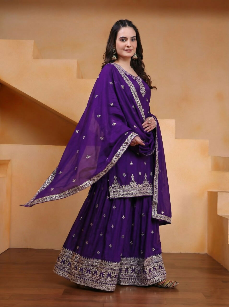 Purple Silk Embroidered Sharara Set with Kurti and Flared Pants