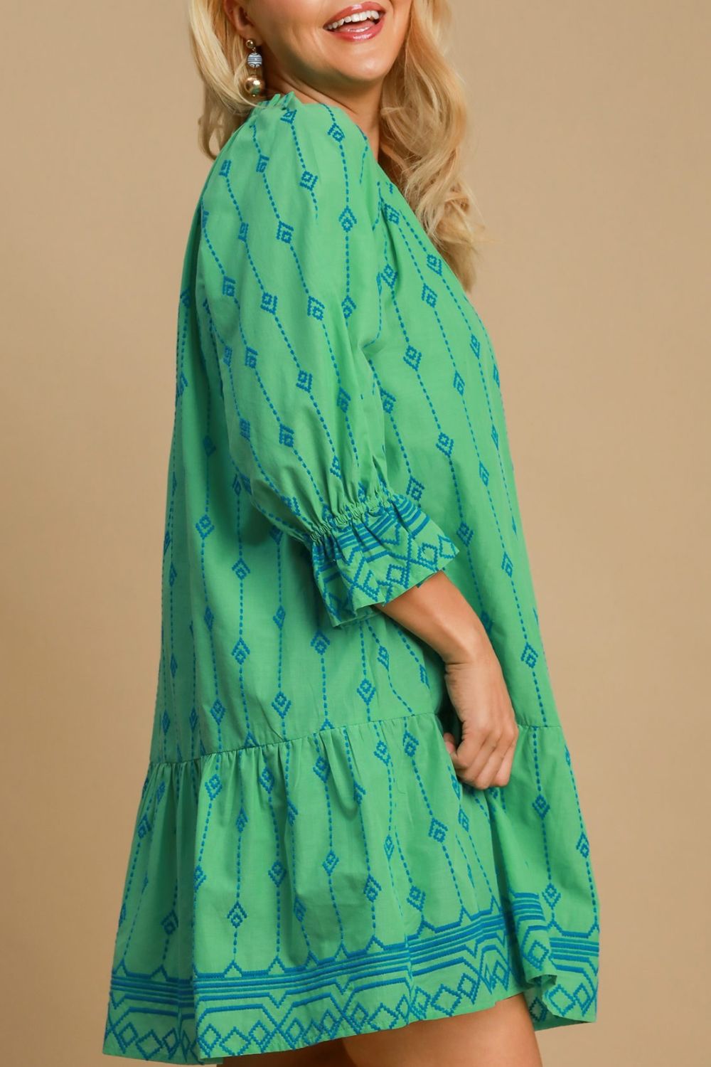 Tassel Embroidered Sleeve Mini Dress in Geometric Pattern
