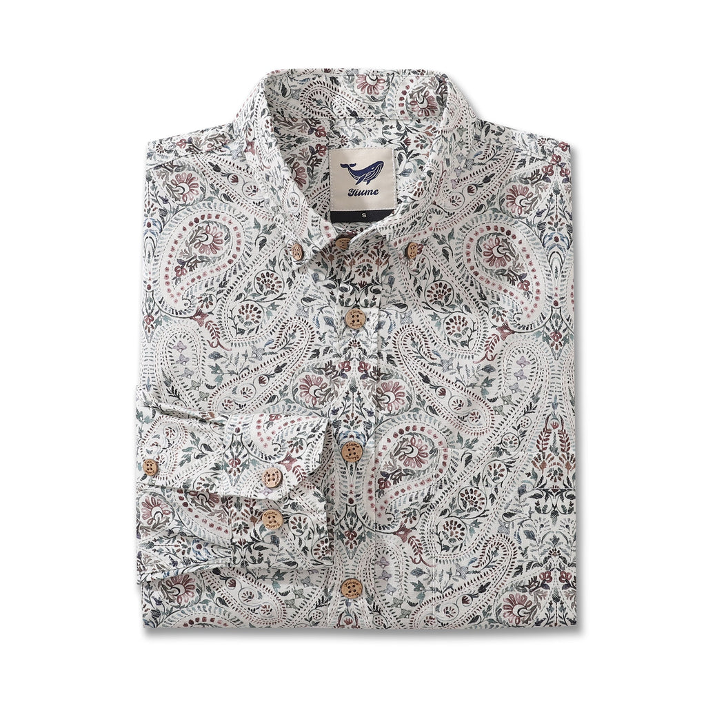 Men's Paisley Print Long Sleeve Cotton Aloha Button-Down Shirt