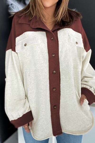 Modern women's utility jacket with contrast collar, button-up closure, and front pockets.