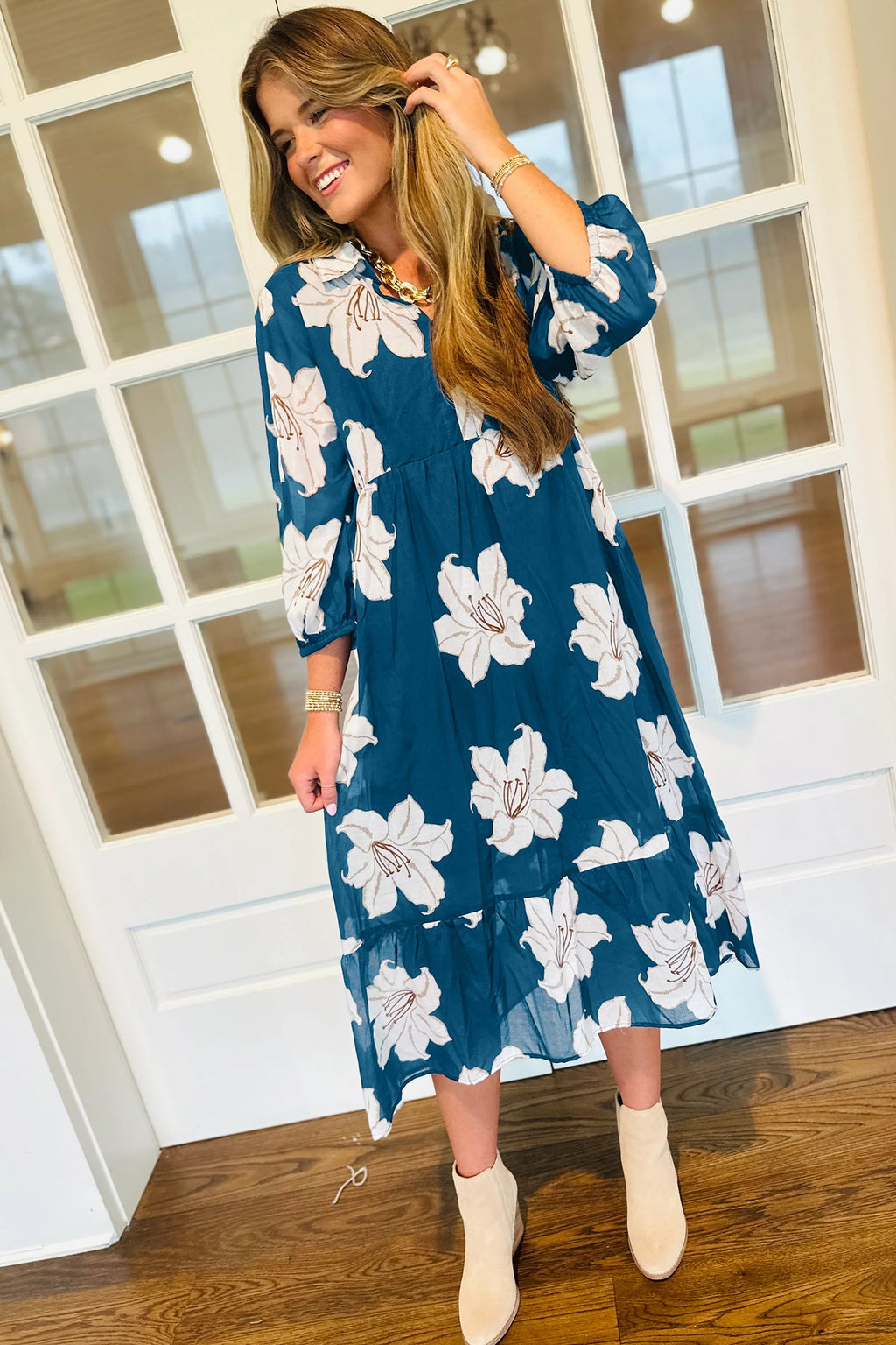 Blue Floral Print Shift Midi Dress - V Neck 3/4 Sleeve