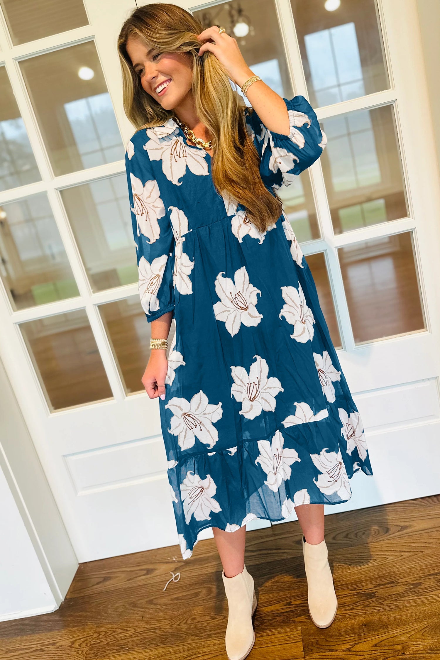 Blue Floral Print Shift Midi Dress - V Neck 3/4 Sleeve