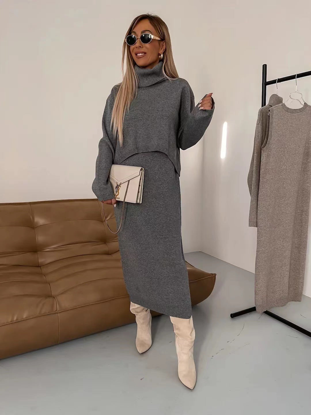 Two-Piece Knit Sweater Dress Set with Turtleneck and Sleeveless Dress