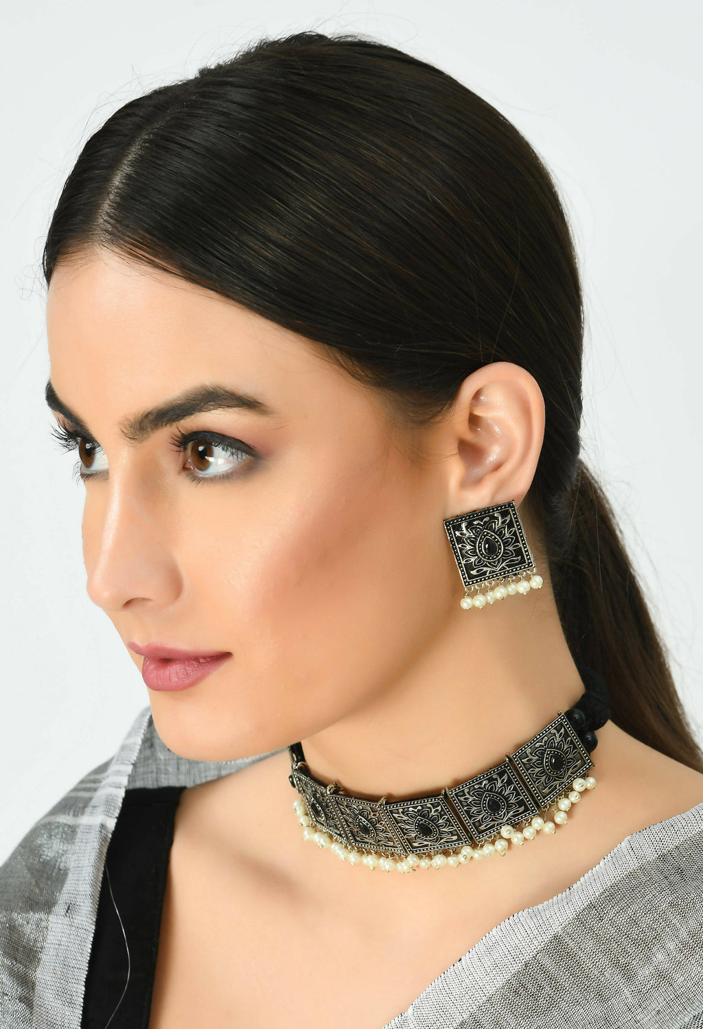 Black Kundan and Pearl Statement Choker in Silver-Plated Brass