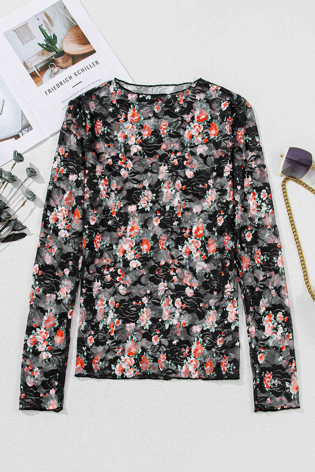 Floral Mesh Sheer Long Sleeve Top