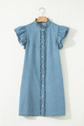 Solid Denim Frilled Ruffle Sleeve Buttoned Mini Dress